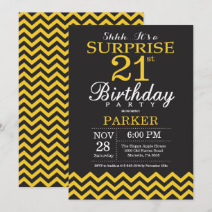 Surprise 21st Birthday Black and Yellow Chevron Invitation