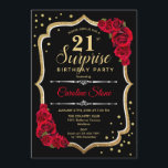 Surprise 21st Birthday - Black Gold Red Invitation<br><div class="desc">Surprise 21st Birthday Invitation.
Feminine black,  red design with faux glitter gold. Features red roses,  script font and confetti. Perfect for an elegant birthday party. Can be personalized to show any age. Message me if you need further customization.</div>