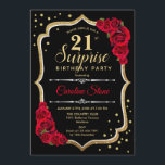 Surprise 21st Birthday - Black Gold Red Invitation<br><div class="desc">Surprise 21st Birthday Invitation.
Feminine black,  red design with faux glitter gold. Features red roses,  script font and confetti. Perfect for an elegant birthday party. Can be personalized to show any age. Message me if you need further customization.</div>