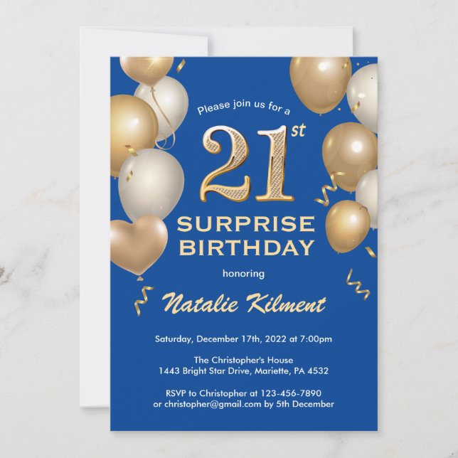 Surprise 21st Birthday Blue and Gold Balloons Invitation (Front)