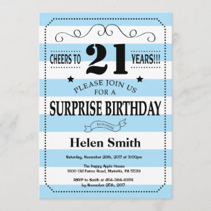Surprise 21st Birthday Blue and White Stripes Invitation