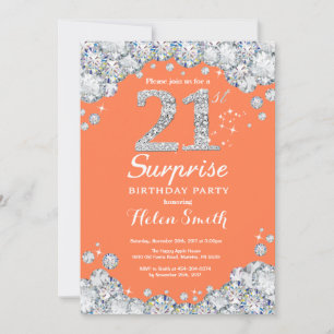 Surprise 21st Birthday Coral and Silver Diamond Invitation