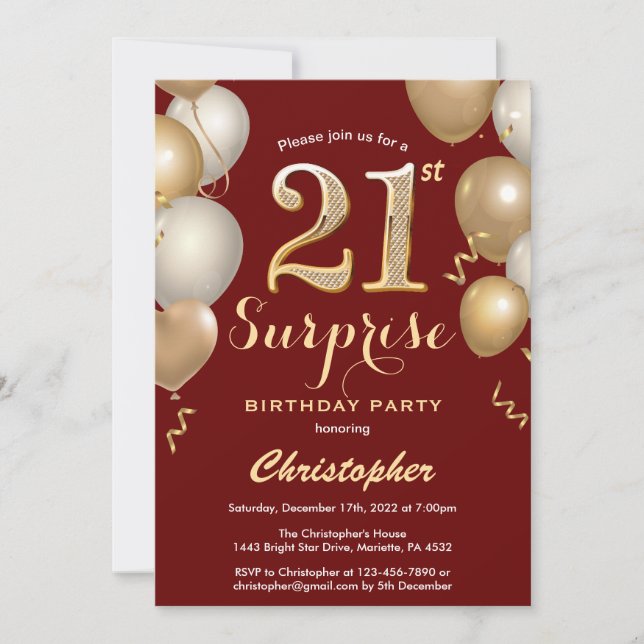 Surprise 21st Birthday Dark Red and Gold Balloons Invitation (Front)