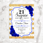 Surprise 21st Birthday - Gold White Royal Blue Invitation<br><div class="desc">Surprise 21st Birthday Invitation.
Feminine white,  royal blue design with faux glitter gold. Features stripes,  sapphire blue roses,  script font and confetti. Perfect for an elegant birthday party. Can be personalized to show any age. Message me if you need further customization.</div>