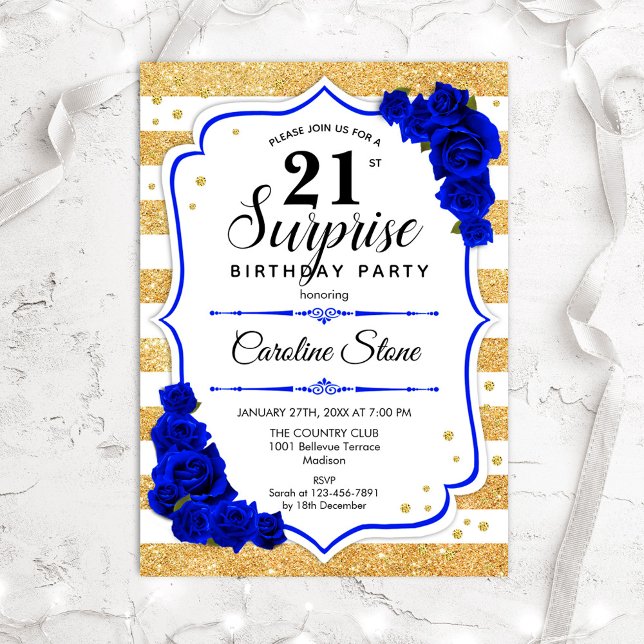 Surprise 21st Birthday - Gold White Royal Blue Invitation (Creator Uploaded)