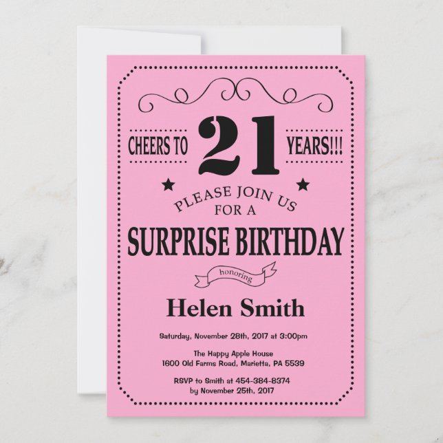 Surprise 21st Birthday Invitation Black and Pink (Front)