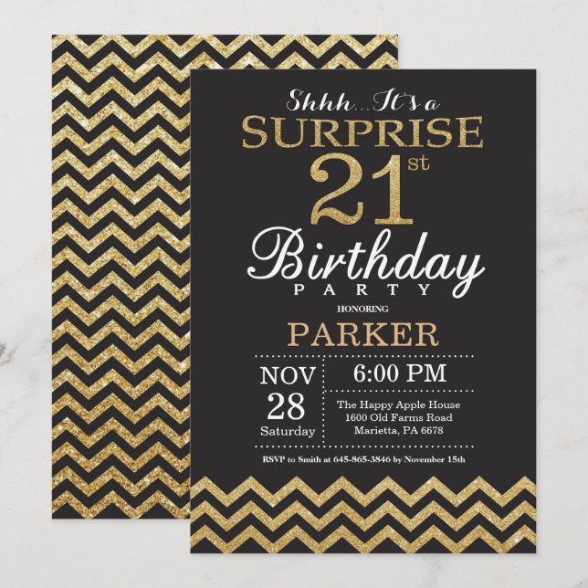 Surprise 21st Birthday Invitation Gold Glitter (Front/Back)