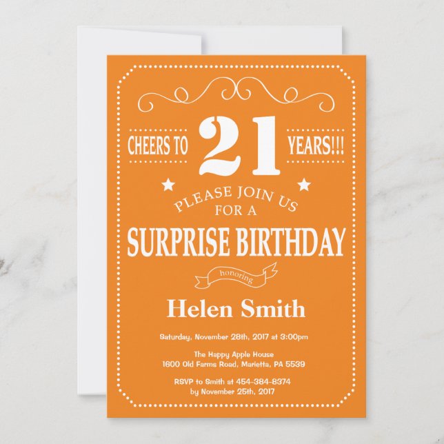 Surprise 21st Birthday Invitation Orange and White (Front)