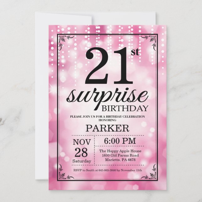 Surprise 21st Birthday Invitation Pink Glitter (Front)