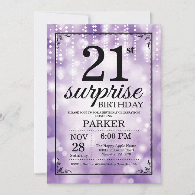 Surprise 21st Birthday Invitation Purple Glitter (Front)