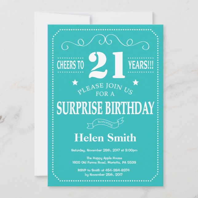 Surprise 21st Birthday Invitation Teal and White (Front)