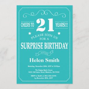 Surprise 21st Birthday Invitation Teal and White