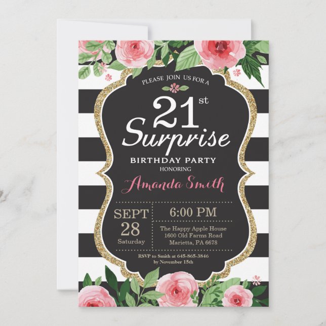 Surprise 21st Birthday Invitation Women. Floral (Front)
