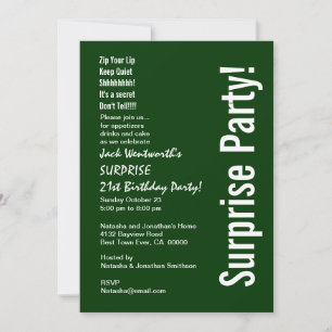SURPRISE 21st Birthday Modern Green and White Invitation