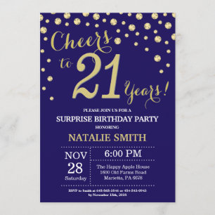 Surprise 21st Birthday Navy Blue and Gold Diamond Invitation
