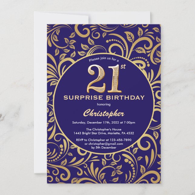 Surprise 21st Birthday Navy Blue and Gold Floral Invitation (Front)