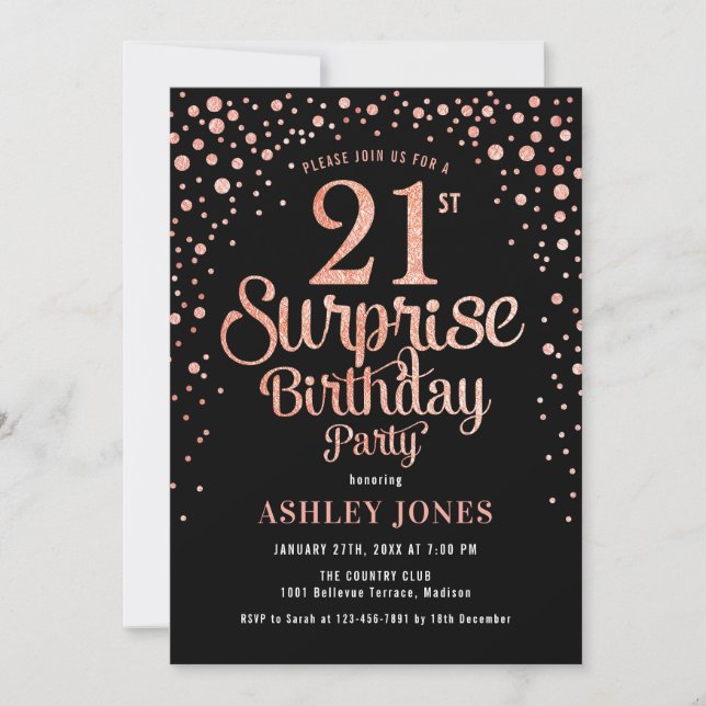 Surprise 21st Birthday Party - Black & Rose Gold Invitation (Front)