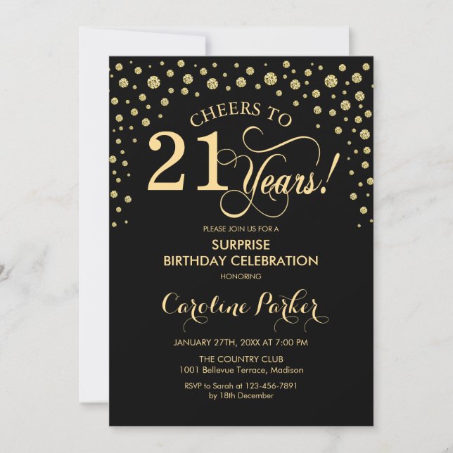 Surprise 21st Birthday Party - Gold Black Invitation (Front)