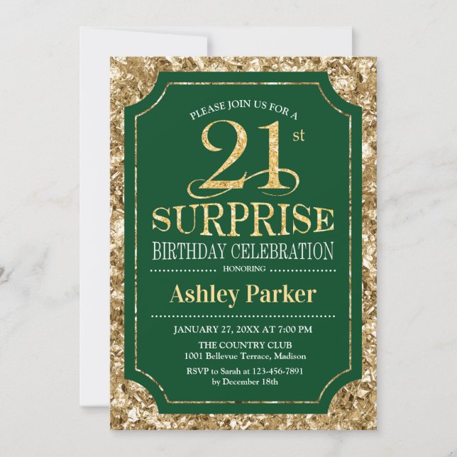 Surprise 21st Birthday Party - Gold Green Invitation (Front)