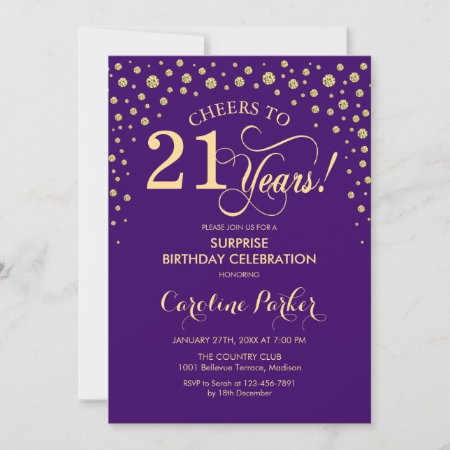 Surprise 21st Birthday Party - Purple Gold Invitation (Front)