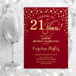 Surprise 21st Birthday Party - Red Gold Invitation<br><div class="desc">Surprise 21st Birthday Party Invitation.
Elegant design in dark red and faux glitter gold. Features script font and diamonds confetti. Cheers to 21 Years! Message me if you need further customization.</div>