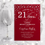 Surprise 21st Birthday Party - Red Silver Invitation<br><div class="desc">Surprise 21st Birthday Party Invitation.
Elegant design in dark red and faux glitter silver. Features script font and diamonds confetti. Cheers to 21 Years! Message me if you need further customization.</div>