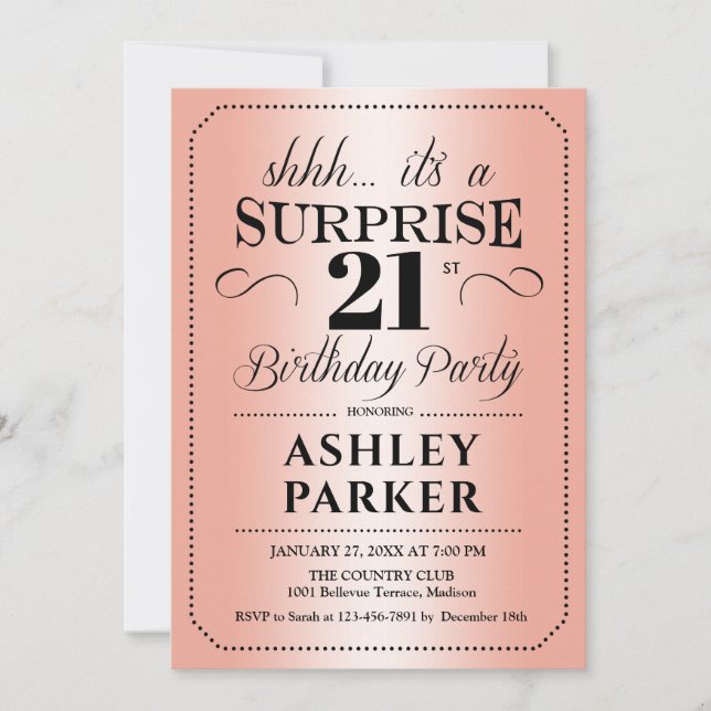 Surprise 21st Birthday Party - Rose Gold Invitation (Front)