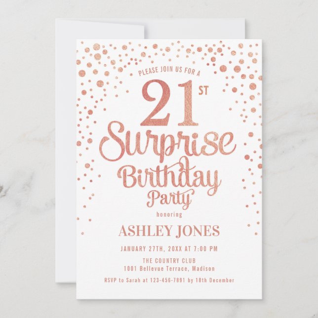 Surprise 21st Birthday Party - Rose Gold & White Invitation (Front)