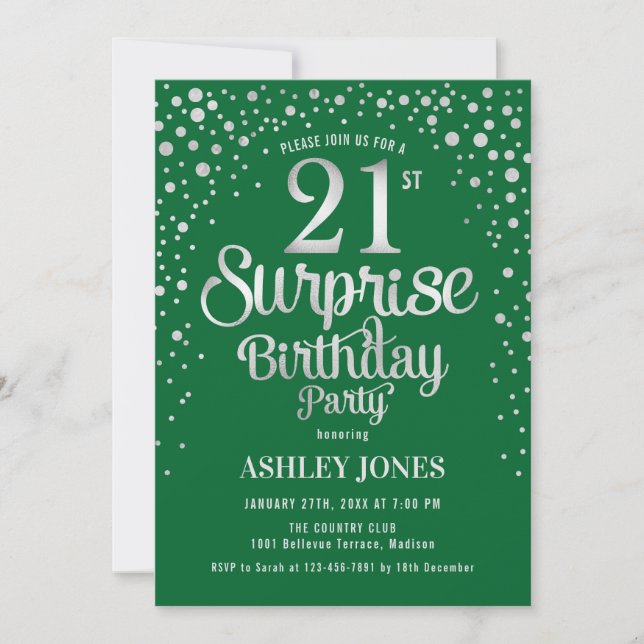 Surprise 21st Birthday Party - Silver & Green Invitation (Front)