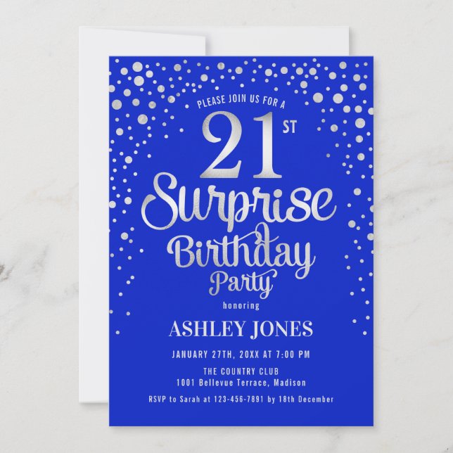Surprise 21st Birthday Party - Silver & Royal Blue Invitation (Front)