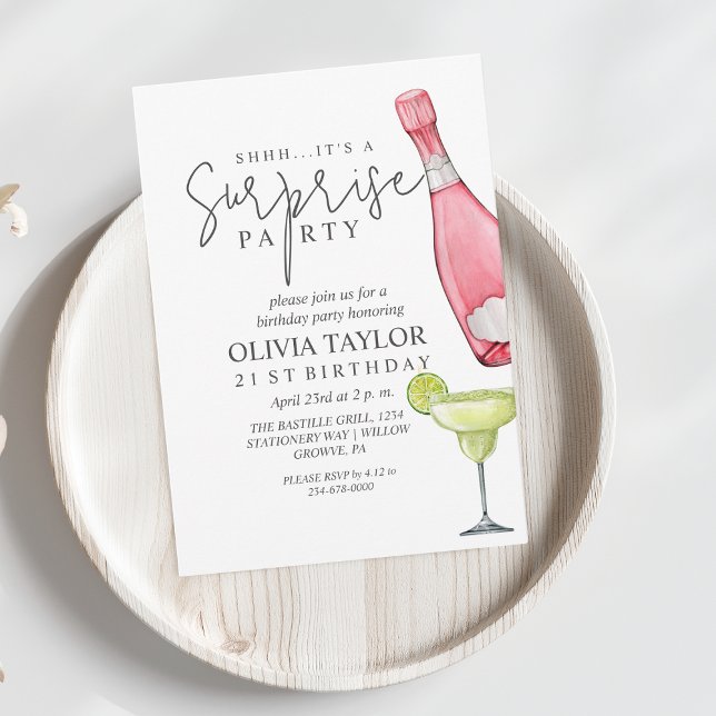 Surprise 21st Birthday Party White Pink Champagne Invitation (Creator Uploaded)