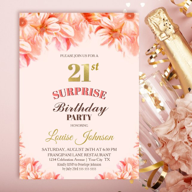 Surprise 21st Birthday Pink Gold Floral Party Invitation (Creator Uploaded)