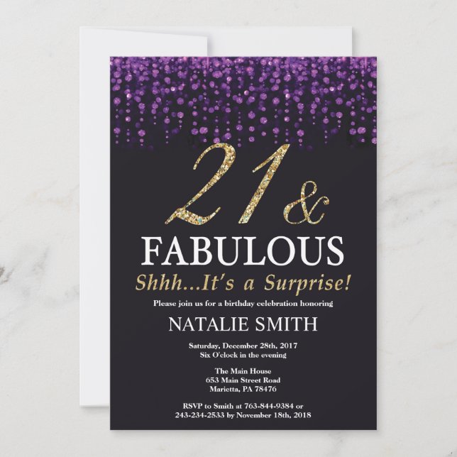 Surprise 21st Birthday Purple and Gold Glitter Invitation (Front)