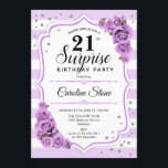 Surprise 21st Birthday - Purple White Invitation<br><div class="desc">Surprise 21st Birthday Invitation.
Feminine white,  lavender lilac design. Features stripes,  pastel purple roses,  script font and confetti. Perfect for an elegant birthday party. Can be personalized to show any age. Message me if you need further customization.</div>
