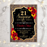 Surprise 21st Birthday - Rustic Wood Sunflowers Invitation<br><div class="desc">Surprise 21st Birthday Invitation.
Feminine rustic black,  white,  red design with faux glitter gold. Features wood pattern,  red roses,  sunflowers,  script font and confetti. Perfect for an elegant birthday party. Can be personalized to show any age. Message me if you need further customization.</div>
