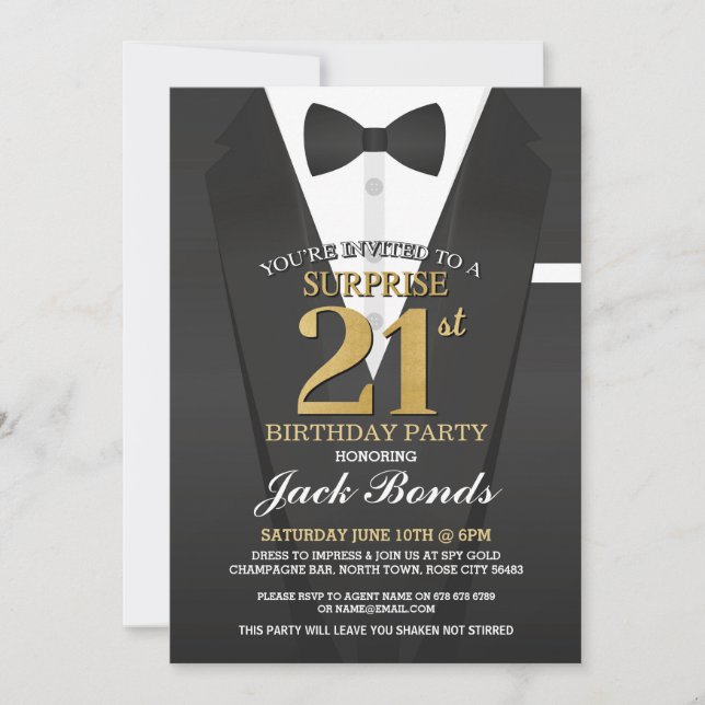 Surprise 21st Birthday Spy Suit Black Gold Tuxedo Invitation (Front)