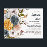 Surprise 21st Birthday Yellow Navy Blue Floral  Postcard<br><div class="desc">Elegant burgundy,  navy blue,  mustard yellow,  and cream-coloured floral Surprise 21st birthday party invitation for women.  You can customize the text on this card for a birthday party for any age you are celebrating.</div>