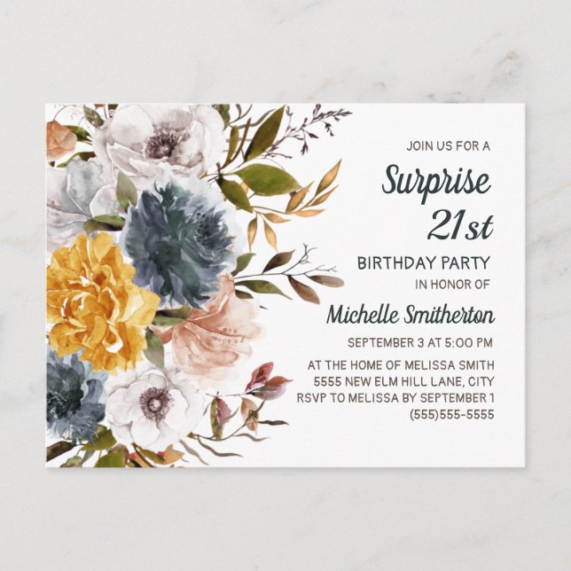 Surprise 21st Birthday Yellow Navy Blue Floral  Postcard (Front)