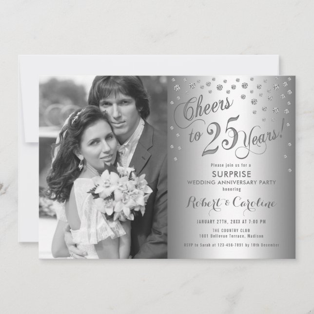Surprise 25th Anniversary with Photo - Silver Invitation (Front)