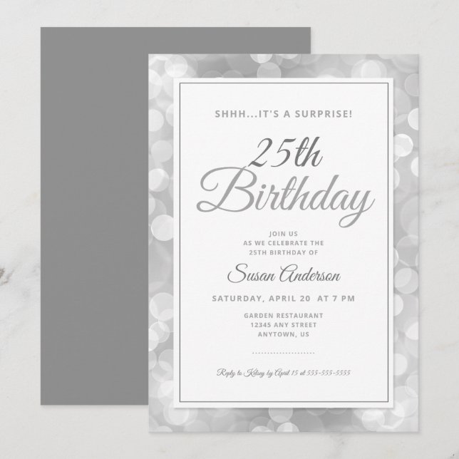 Surprise 25th Birthday Party | Silver Bokeh Invitation (Front/Back)