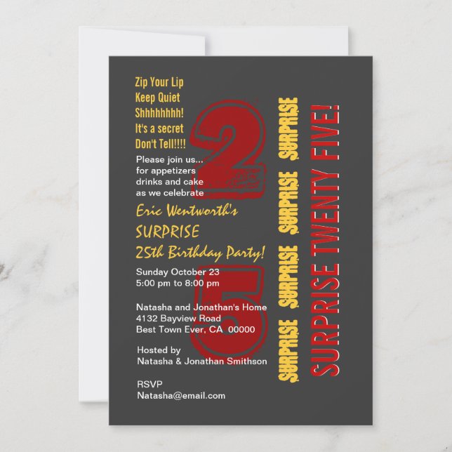 SURPRISE 25th Modern Birthday Red Gold Grey Invitation (Front)