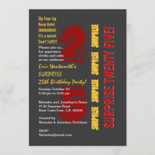 SURPRISE 25th Modern Birthday Red Gold Grey Invitation