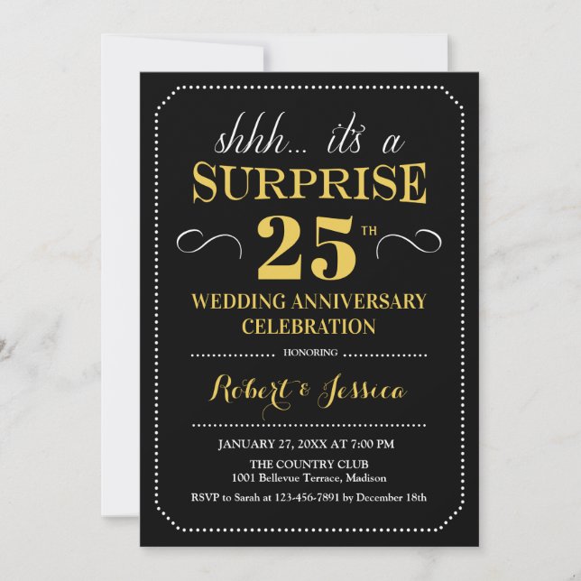 Surprise 25th Wedding Anniversary - Black Gold Invitation (Front)