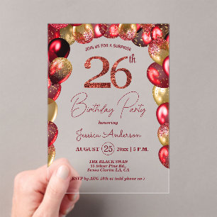 Surprise 26th Birthday Party Gold Burgundy Glitter Acrylic Invitations