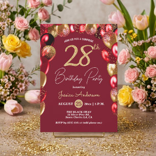 Surprise 28th Birthday Party Gold Burgundy Glitter Invitation