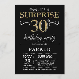Surprise 30e anniversaire Invitation Black and Gol
