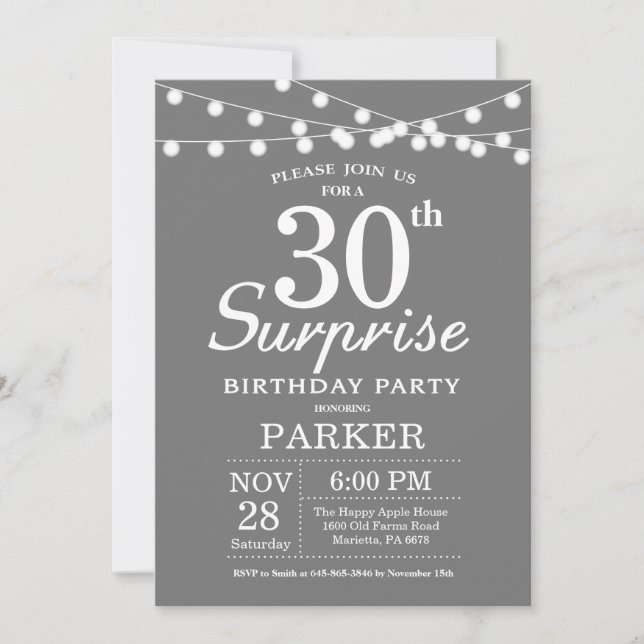 Surprise 30e anniversaire Invitation Gris et blanc (Devant)