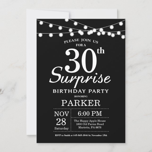 Surprise 30e anniversaire Invitation noir et blanc (Devant)