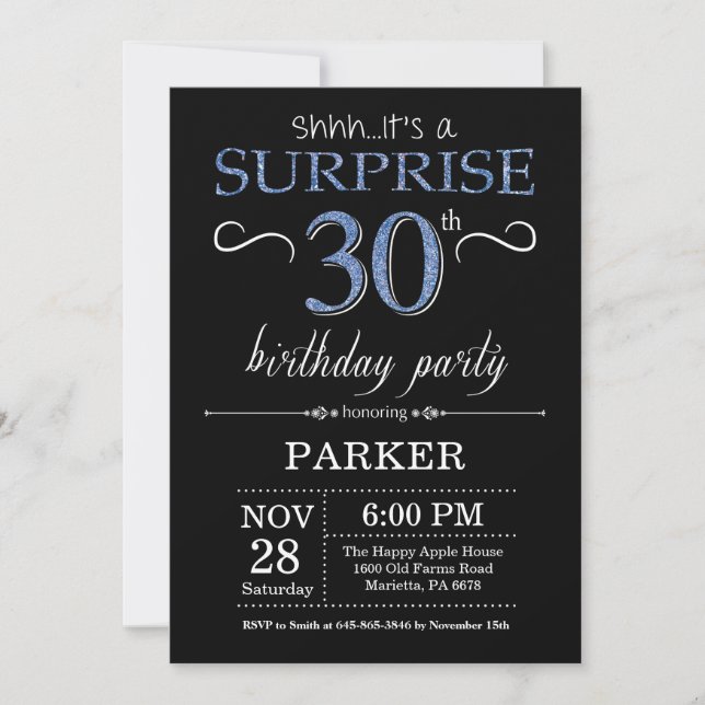 Surprise 30e anniversaire Invitation noir et bleu (Devant)