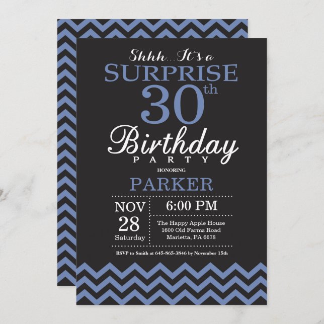 Surprise 30e anniversaire Invitation noir et bleu (Devant / Derrière)